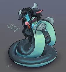 Size: 5000x5507 | Tagged: safe, artist:xbi, derpibooru import, queen chrysalis, lamia, ophiotaurus, original species, frenemies (episode), blushing, cloven hooves, disguise, disguised changeling, ear fluff, fangs, female, forked tongue, hissing, holding tail, hss, moo, oink, onomatopoeia, snout, solo, tongue out