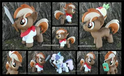 Size: 4275x2640 | Tagged: safe, artist:peruserofpieces, derpibooru import, button mash, pinwheel, sweetie belle, earth pony, pony, unicorn, don't mine at night, accessories, bandana, beanie, clothes, colt, crest, crown, duo, facial hair, fake moustache, female, filly, hat, horn, irl, jewelry, juice, juice box, male, moustache, mouth hold, photo, pickaxe, plushie, regalia, scarf, shipping, shirt, straight, sweetiemash, sword, tiara, toy, weapon