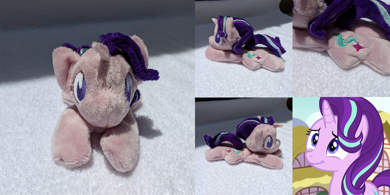 Size: 3176x1588 | Tagged: safe, artist:plushbyanto, derpibooru import, screencap, starlight glimmer, unicorn, all bottled up, beanie (plushie), chibi, female, front view, horn, irl, lying down, mare, minky, no mouth, no nostrils, no pupils, photo, plushie, profile, prone, reformed starlight, smiling, sploot, toy