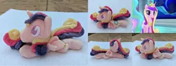 Size: 3176x1192 | Tagged: alicorn, beanie (plushie), chibi, crown, derpibooru import, female, horn, irl, jewelry, lying down, mare, minky, missing accessory, no mouth, no nostrils, no pupils, photo, plushie, princess cadance, profile, prone, regalia, safe, screencap, smiling, solo, sploot, toy, wings