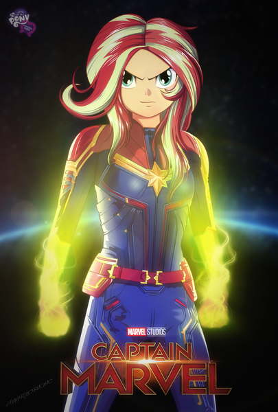 Size: 1367x2023 | Tagged: safe, artist:ngrycritic, derpibooru import, sunset shimmer, equestria girls, armor, brazil, captain marvel, captain marvel (marvel), clothes, cosplay, costume, crossover, equestria girls logo, female, fernanda bullara, fiery shimmer, looking at you, marvel, marvel cinematic universe, poster, solo, uotapo-ish, voice actor joke