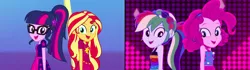 Size: 1440x404 | Tagged: safe, derpibooru import, pinkie pie, rainbow dash, sci-twi, sunset shimmer, twilight sparkle, equestria girls, equestria girls series, i'm on a yacht, spoiler:eqg series (season 2), comparison, neon eg logo, sleeveless