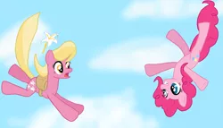 Size: 1024x586 | Tagged: safe, artist:brokenhero0409, derpibooru import, lily, lily valley, pinkie pie, earth pony, pony, #fallingwithstyle, cloud, falling, flower, freefall, shocked, sky, skydiving, smiling, upside down