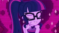 Size: 1280x720 | Tagged: safe, derpibooru import, sci-twi, twilight sparkle, equestria girls, equestria girls series, i'm on a yacht, spoiler:eqg series (season 2), neon eg logo, sexy egghead, sleeveless, solo