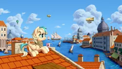 Size: 2500x1407 | Tagged: safe, artist:1jaz, derpibooru import, oc, oc:sun light, unofficial characters only, pegasus, pony, airship, bandaid, bandana, blaze (coat marking), boat, building, canal, city, cityscape, cloud, commission, hot air balloon, ocean, pier, roof, rooftop, scenery, scenery porn, ship, sky, solo focus, steampunk, steeple, venice, water
