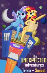 Size: 880x1340 | Tagged: safe, artist:sixes&sevens, derpibooru import, sunset shimmer, trixie, pony, fanfic, bill and ted's excellent adventure, cape, clothes, dab, doctor who, fanfic art, fanfic cover, grin, hat, map, moon, planet, shout, smiling, space, stars, tardis, trixie's cape, trixie's hat