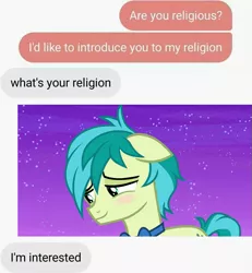 Size: 711x770 | Tagged: safe, derpibooru import, edit, edited screencap, screencap, sandbar, earth pony, pony, she's all yak, blush sticker, blushing, cute, idolatry, meme, religion, sandabetes, solo, text