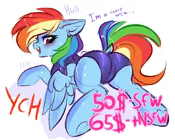 Size: 1112x892 | Tagged: suggestive, artist:pesty_skillengton, derpibooru import, rainbow dash, oc, pegasus, pony, butt, clothes, commission, dock, fetish, frog (hoof), hoof fetish, plot, sexy, solo, text, underhoof, ych example, your character here