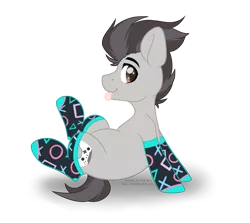 Size: 4584x4091 | Tagged: safe, artist:hellishprogrammer, derpibooru import, oc, oc:keith (ice1517), unofficial characters only, earth pony, pony, icey-verse, clothes, commission, cute, heart eyes, magical gay spawn, male, offspring, parent:button mash, parent:rumble, parents:rumblemash, playstation, raised hoof, simple background, sitting, socks, solo, stallion, tongue out, transparent background, wingding eyes, ych result