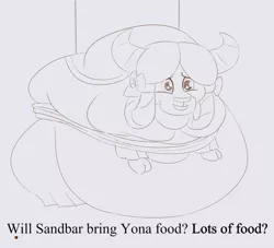 Size: 1344x1218 | Tagged: artist:lupin quill, belly, big belly, derpibooru import, fat, fat yona, feedee, female, implied sandbar, implied yonabar, interspecies, lineart, monochrome, morbidly obese, obese, offscreen character, rolls of fat, scene interpretation, she's all yak, shipping, simple background, sketch, solo, solo female, suggestive, tied up, yak, yona