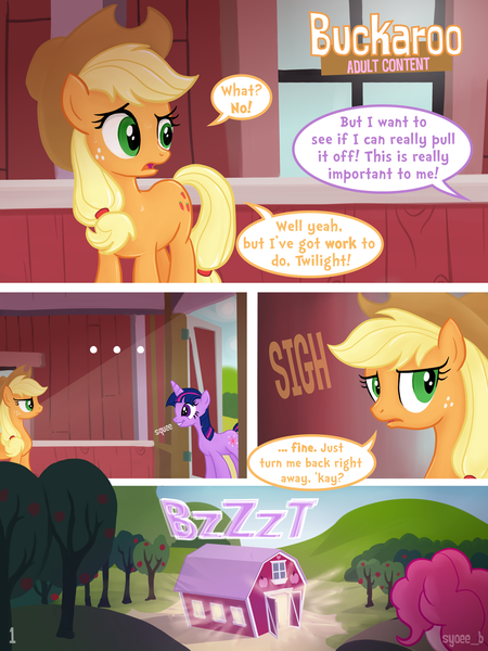 Size: 960x1280 | Tagged: ..., applejack, applejack's barn, applejack's hat, artist:syoee b, barn, comic, comic:buckaroo, cowboy hat, cute, derpibooru import, eye contact, frown, grin, hat, looking at each other, looking back, magic, pinkie pie, raised eyebrow, safe, sigh, smiling, squee, stetson, sweat, sweet apple acres, twiabetes, twilight sparkle, worried