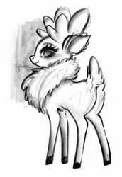 Size: 1772x2575 | Tagged: safe, artist:taytinabelle, derpibooru import, velvet reindeer, deer, reindeer, them's fightin' herds, black and white, butt, community related, cute, doe, female, fluffy, grayscale, looking at you, looking back, looking back at you, monochrome, plot, simple background, sketch, solo, white background