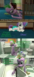 Size: 1920x4320 | Tagged: safe, artist:papadragon69, derpibooru import, princess flurry heart, spike, alicorn, dragon, pony, comic:spike's cyosa, 3d, bathtub, blocks, comic, crib, crystal empire, cyoa, diaper, hiding, older, older spike, source filmmaker, teddy bear, teenage spike, teenager, water, winged spike