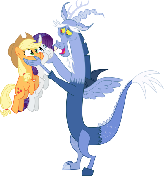 Size: 5004x5349 | Tagged: safe, artist:clashwolf3, derpibooru import, applejack, discord, rarity, draconequus, earth pony, pony, unicorn, three's a crowd, blue flu, female, hands on cheeks, holding a pony, male, mare, open mouth, simple background, smiling, squishy cheeks, transparent background, vector