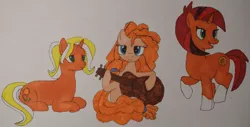 Size: 4340x2212 | Tagged: safe, artist:awgear, derpibooru import, pear butter, stellar flare, sunflower spectacle, earth pony, pony, unicorn, female, guitar, mare, mother's day, musical instrument, traditional art