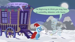 Size: 1280x720 | Tagged: safe, artist:evil-dec0y, derpibooru import, trixie, oc, pony, comic:trixie vs., comic:trixie vs. hearth's warming, christmas, clothes, comic, costume, hat, holiday, santa costume, santa hat, trixie's wagon