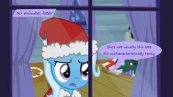 Size: 1280x720 | Tagged: safe, artist:evil-dec0y, derpibooru import, trixie, pony, comic:trixie vs., comic:trixie vs. hearth's warming, christmas, christmas tree, clothes, comic, costume, hat, holiday, santa costume, santa hat, tree