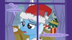 Size: 1280x720 | Tagged: safe, artist:evil-dec0y, derpibooru import, trixie, pony, comic:trixie vs., comic:trixie vs. hearth's warming, christmas, christmas tree, comic, hat, holiday, santa hat, tree