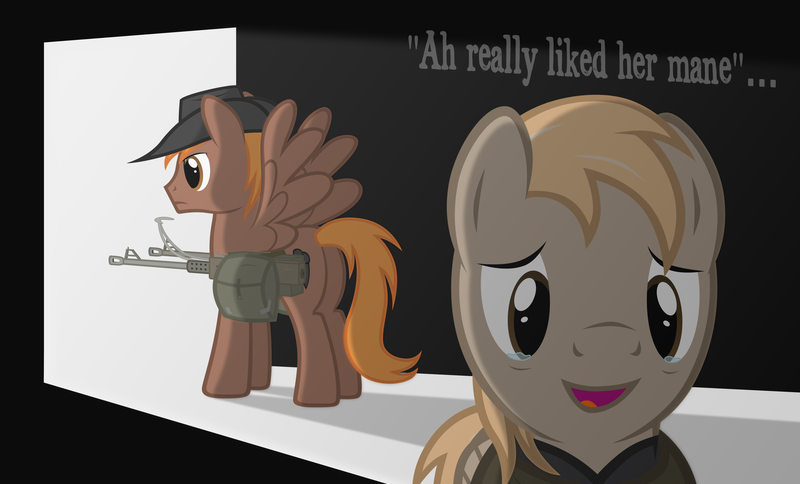 Size: 3792x2292 | Tagged: safe, artist:mrlolcats17, derpibooru import, oc, oc:calamity, oc:calamity's father, unofficial characters only, pegasus, pony, fallout equestria, fanfic, bag, battle saddle, butt, dashite, duo, fanfic art, gun, hat, hooves, i really like her mane, male, neighvarro, open mouth, plot, rifle, saddle bag, spread wings, stallion, weapon, wings