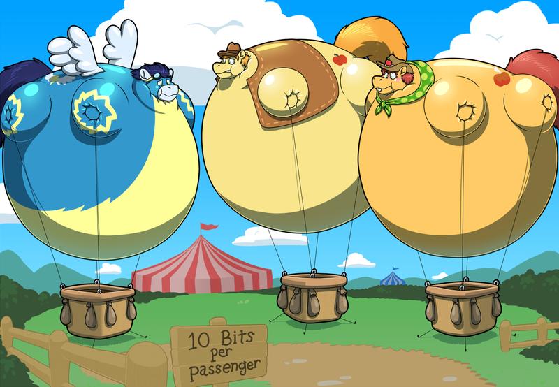 Size: 1250x865 | Tagged: questionable, artist:kitsunekit, derpibooru import, braeburn, half baked apple, soarin', earth pony, pegasus, pony, apple family member, bandana, belly, big belly, bingo wings, blushing, clothes, cowboy hat, floating, freckles, hat, helium inflation, hot air balloon, huge belly, impossibly large belly, inflated wings, inflation, male, males only, neck roll, puffy cheeks, tent, trio, uniform, wings, wonderbolts uniform