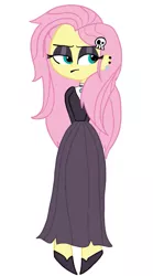 Size: 711x1280 | Tagged: safe, artist:thatdamnchristian, derpibooru import, fluttershy, equestria girls, fake it 'til you make it, clothes, dress, ear piercing, eyeshadow, female, fluttergoth, goth, hair accessory, lidded eyes, makeup, piercing, simple background, skull, solo, white background