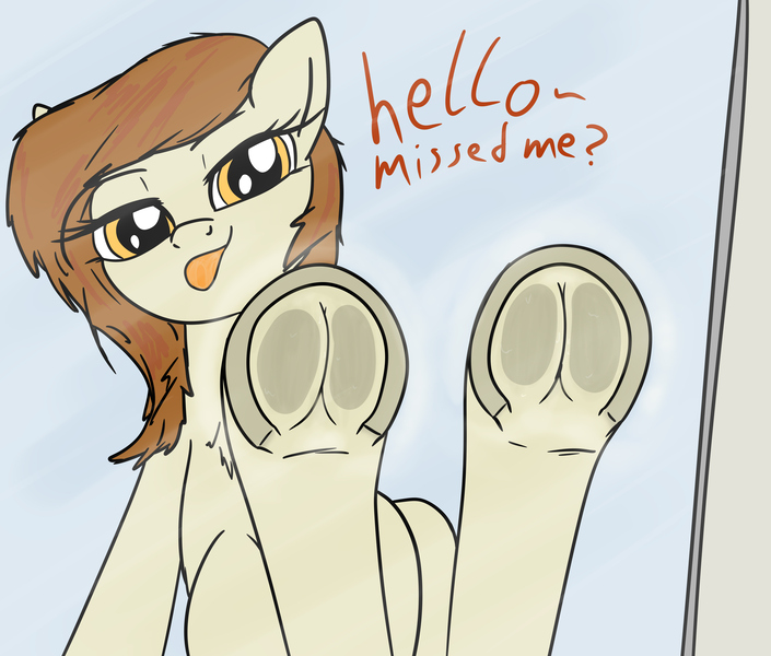 Size: 4700x4000 | Tagged: safe, artist:littlenaughtypony, derpibooru import, oc, oc:plumb honey, pony, against glass, bleb, dirty hooves, fetish, frog (hoof), glass, hoof fetish, hooves, looking at you, mlem, silly, steam, sweat, tongue out, underhoof