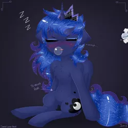 Size: 3000x3000 | Tagged: safe, artist:darkest-lunar-flower, derpibooru import, princess luna, oc, oc:lux(pearle), alicorn, pony, black background, blushing, bubble, chest fluff, cute, ear fluff, eyes closed, female, floppy ears, lunabetes, mare, onomatopoeia, simple background, sitting, sleeping, snot bubble, solo focus, sound effects, tummy ache, wing fluff, zzz