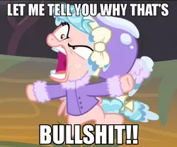 Size: 600x500 | Tagged: safe, derpibooru import, edit, edited screencap, screencap, cozy glow, pegasus, pony, frenemies (episode), angry, caption, clothes, cozy glow is best facemaker, cropped, cross-popping veins, faic, female, filly, foal, image macro, let me tell you why that's bullshit, reaction image, solo, text, vein bulge, vulgar, winter outfit