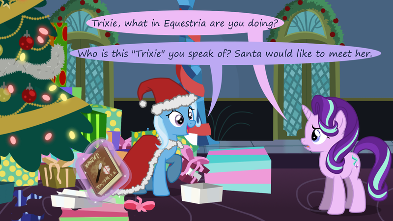 Size: 1280x720 | Tagged: safe, artist:evil-dec0y, derpibooru import, starlight glimmer, trixie, pony, comic:trixie vs., comic:trixie vs. hearth's warming, christmas, christmas tree, clothes, comic, costume, hat, holiday, santa costume, santa hat, tree