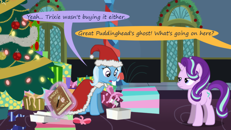 Size: 1280x720 | Tagged: safe, artist:evil-dec0y, derpibooru import, starlight glimmer, trixie, pony, comic:trixie vs., comic:trixie vs. hearth's warming, christmas, christmas tree, clothes, comic, costume, hat, holiday, implied sunburst, santa costume, santa hat, tree