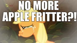 Size: 2048x1152 | Tagged: safe, derpibooru import, edit, edited screencap, screencap, applejack, earth pony, pony, going to seed, apple fritter (food), caption, crying, female, filly, filly applejack, food, image macro, sad, teary eyes, text, younger