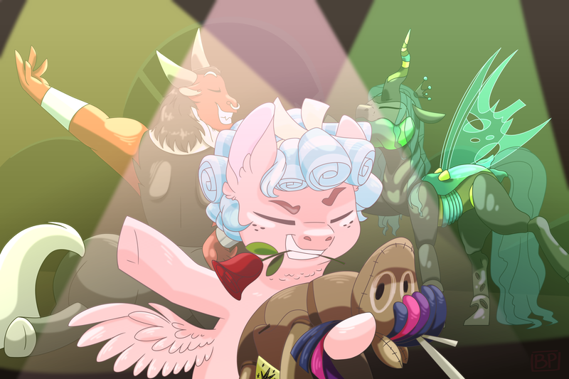 Size: 3000x2000 | Tagged: artist:glitterstar2000, better way to be bad, changeling, changeling queen, cozy glow, dancing, derpibooru import, female, filly, flower, flower in mouth, frenemies (episode), lord tirek, loser club, losers club, mouth hold, musical, queen chrysalis, rose, safe, scene interpretation