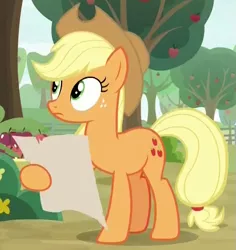 Size: 527x558 | Tagged: safe, derpibooru import, screencap, applejack, earth pony, pony, going to seed, apple, apple tree, applejack's hat, cowboy hat, cropped, cute, female, freckles, hat, holding, hoof hold, jackabetes, mare, paper, raised hoof, solo, tree