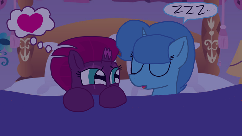 Size: 1920x1080 | Tagged: safe, artist:徐詩珮, derpibooru import, fizzlepop berrytwist, spring rain, tempest shadow, unicorn, my little pony: the movie, bed, bedroom, broken horn, cute, female, heart, horn, lesbian, mare, onomatopoeia, open mouth, pillow, pretty pretty tempest, shipping, sleeping, sound effects, springbetes, springshadow, tempestbetes, zzz