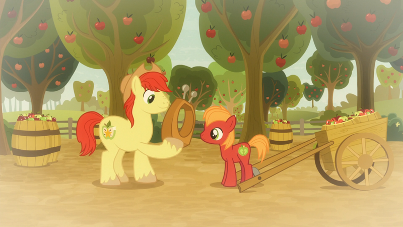 Size: 1920x1080 | Tagged: safe, derpibooru import, screencap, big macintosh, bright mac, earth pony, pony, going to seed, apple, apple tree, big macintosh's yoke, cart, colt, colt big macintosh, duo, father and child, father and son, flashback, foal, food, like father like son, male, stallion, tree, yoke, younger