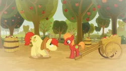 Size: 1920x1080 | Tagged: safe, derpibooru import, screencap, big macintosh, bright mac, earth pony, pony, going to seed, apple, apple orchard, apple tree, barrel, big macintosh's yoke, cart, colt, colt big macintosh, duo, father and child, father and son, food, like father like son, male, orchard, stallion, tree, yoke, younger