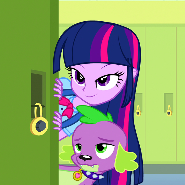 Size: 1080x1080 | Tagged: safe, derpibooru import, screencap, spike, twilight sparkle, twilight sparkle (alicorn), alicorn, dog, equestria girls, equestria girls (movie), cropped, female, lidded eyes, lockers, male, spike the dog, varying degrees of want