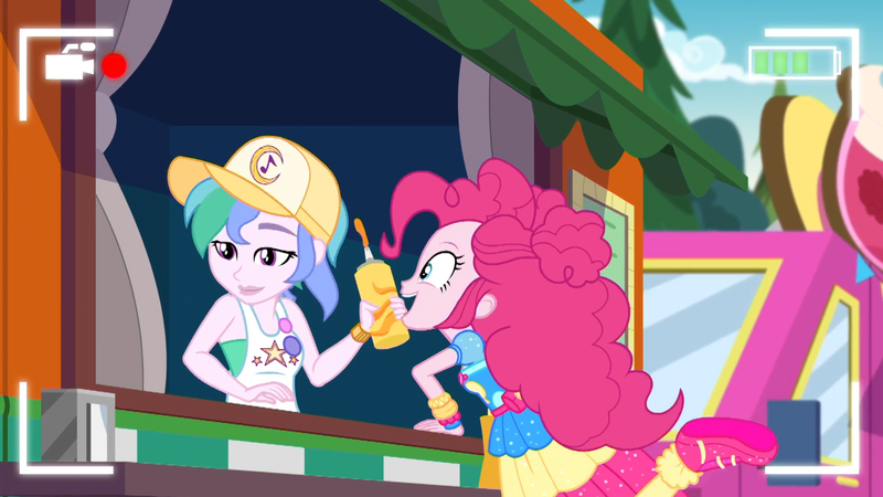 Size: 1920x1080 | Tagged: safe, derpibooru import, screencap, pinkie pie, summer solstice (character), equestria girls, equestria girls series, five lines you need to stand in, spoiler:eqg series (season 2), baseball cap, cap, female, food truck, hat, not celestia