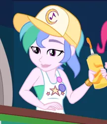 Size: 592x685 | Tagged: safe, derpibooru import, screencap, pinkie pie, summer solstice (character), equestria girls, equestria girls series, five lines you need to stand in, spoiler:eqg series (season 2), cap, clothes, cropped, female, food, hat, mustard, not celestia, offscreen character, sauce, sleeveless, vendor