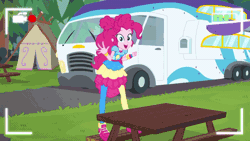 Size: 800x450 | Tagged: safe, derpibooru import, screencap, pinkie pie, equestria girls, equestria girls series, five lines you need to stand in, spoiler:eqg series (season 2), animated, close-up, cute, diapinkes, extreme close up, fourth wall, looking at you, recording, rv