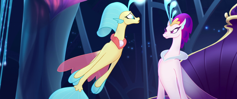 Size: 1920x804 | Tagged: angry, derpibooru import, female, mother and child, mother and daughter, my little pony: the movie, pearl, princess skystar, queen novo, safe, screencap, seapony (g4), seaquestria, throne