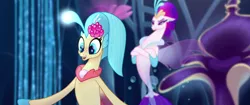 Size: 1920x804 | Tagged: angry, crossed arms, cute, derpibooru import, female, fins, happy, like mother like daughter, mother and child, mother and daughter, my little pony: the movie, pearl, princess skystar, queen novo, safe, screencap, seapony (g4), seaquestria, skyabetes, throne