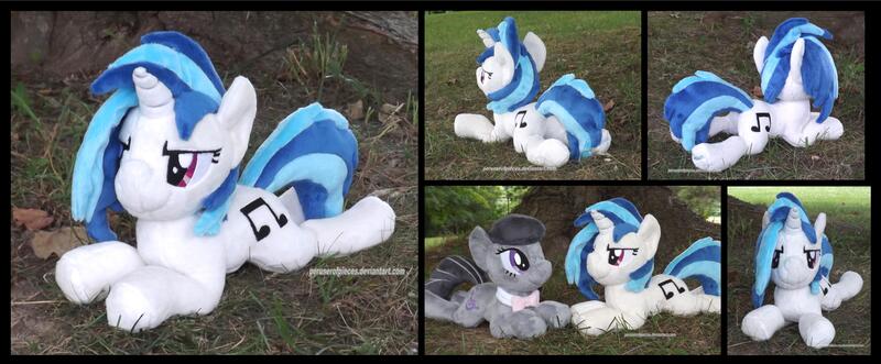 Size: 4237x1754 | Tagged: safe, artist:peruserofpieces, derpibooru import, octavia melody, vinyl scratch, earth pony, pony, unicorn, beanie (plushie), determined, female, from behind, front view, horn, implied lesbian, implied scratchtavia, implied shipping, irl, looking at each other, lying down, mare, photo, plushie, profile, prone, smiling, smirk, sploot, toy