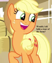 Size: 640x768 | Tagged: safe, derpibooru import, edit, edited screencap, screencap, applejack, earth pony, pony, going to seed, accent, applejack's hat, bronybait, cowboy hat, cropped, cute, dialogue, female, hat, hay, hay bales, jackabetes, mare, raised hoof, sweet apple acres, y'all