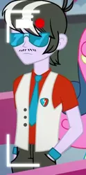 Size: 372x752 | Tagged: safe, derpibooru import, screencap, ringo, equestria girls, equestria girls series, five lines you need to stand in, spoiler:eqg series (season 2), background human, cropped, facial hair, male, moustache, solo, sunglasses
