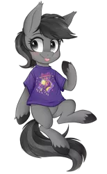 Size: 737x1200 | Tagged: safe, artist:higgly-chan, derpibooru import, oc, oc:grey matter, unofficial characters only, earth pony, pony, :p, blushing, clothes, cute, male, niko (oneshot), ocbetes, oneshot, shirt, simple background, solo, t-shirt, tongue out, transparent background