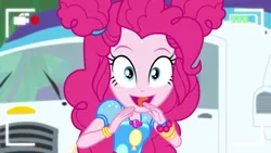 Size: 1336x752 | Tagged: safe, derpibooru import, screencap, pinkie pie, equestria girls, equestria girls series, five lines you need to stand in, spoiler:eqg series (season 2), cute, diapinkes, excited, female, geode of sugar bombs, happy, looking at you, magical geodes, open mouth, ponk, recording, rv, selfie drone, smiling, solo, tongue out, video