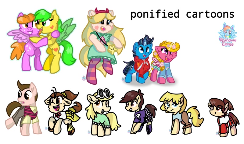 Size: 1814x1072 | Tagged: safe, artist:rainbow eevee, derpibooru import, edit, oc, oc:rainbow eevee, ponified, pony, butterbean, cartoon network, clothes, corn & peg, corn (corn & peg), disney xd, hug, leni loud, logo, lori loud, luan loud, luna loud, lynn loud, milo murphy, milo murphy's law, nick jr., nickelodeon, peg (corn & peg), shorts, simple background, sparkleface, star butterfly, star vs the forces of evil, teen titans, teen titans go, the loud house, white background