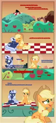 Size: 1919x4225 | Tagged: safe, artist:estories, derpibooru import, applejack, oc, oc:silverlay, earth pony, pony, unicorn, comic:a(pple)ffection, canon x oc, comic, female, lesbian, mare, picnic blanket, shipping, silverjack, spit take