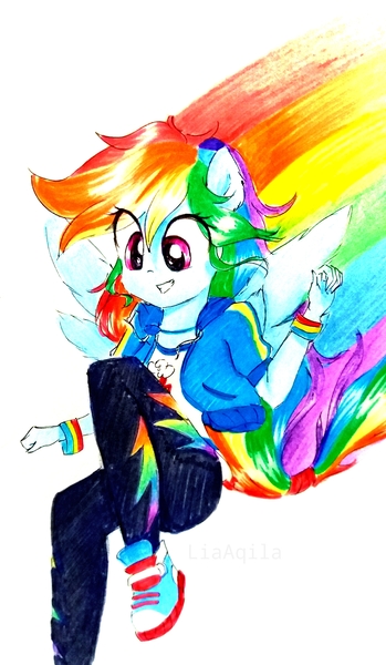 Size: 2322x3988 | Tagged: safe, artist:liaaqila, derpibooru import, rainbow dash, equestria girls, equestria girls series, run to break free, spoiler:eqg series (season 2), clothes, converse, jacket, pants, rainbow, shirt, shoes, sneakers, solo, traditional art, wristband